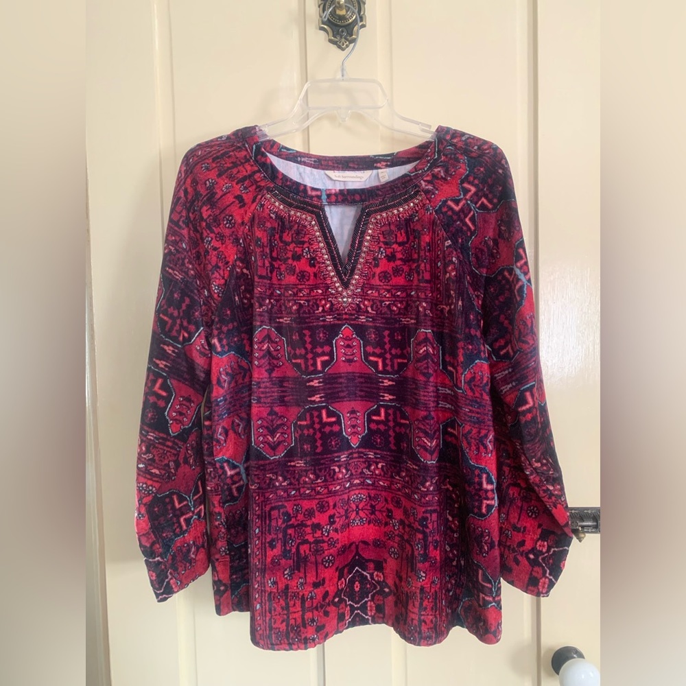 Soft Surroundings Size M Ottoman Velvet Top Blouse Aztec Pattern Black Pink